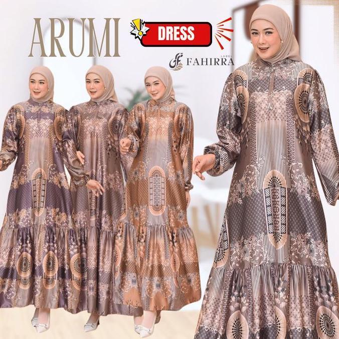Dress ARUMI Bahan Silk Premium | Gamis Kondangan Lengan Balon Motif Bunga Elegan 2025
