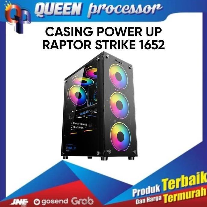 DE150 >> Power Up Casing Raptor Strike 1652 Hitam dengan Panel Kaca Tempered dan 3 Fan RGB Gratis Ko