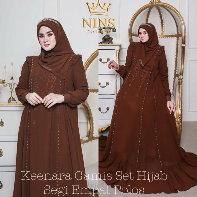 NINS - Keenara Gamis Set Hijab Segi Empat Ceruty Polos LD 100-110 Busui Wanita Muslim Lembut Payet M