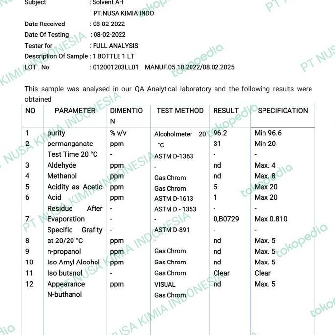 Medikit- Alkohol Food Grade Chemical 5 Liter 96% Solvent/Alkohol Food Grade 96% 5 Liter Pelarut Parf