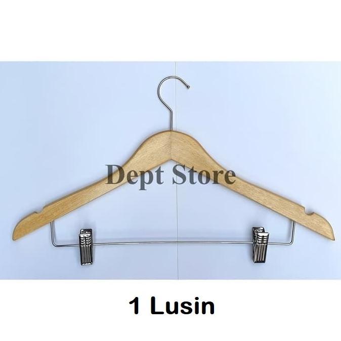 [ZR] Hanger Kayu Jepit Besi (1 Lusin) Gantungan Baju Model Palang Jepit Besi Setelan
