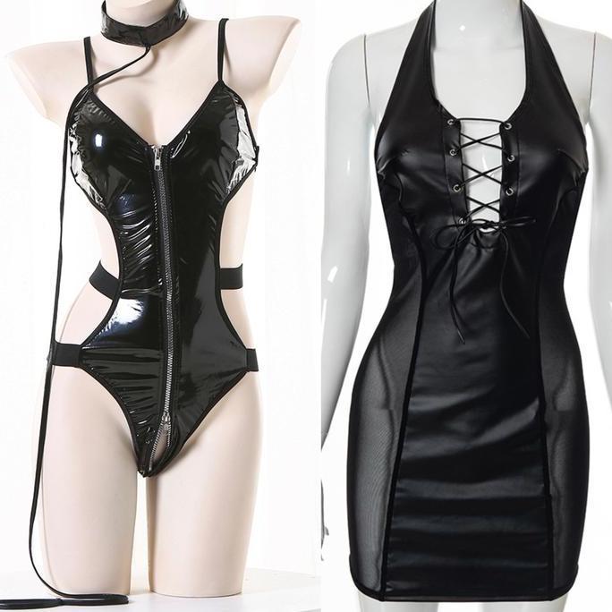 Promo Lingeire Seksi Kulit Pu Backless Mini Dress Model Eropa Amerika