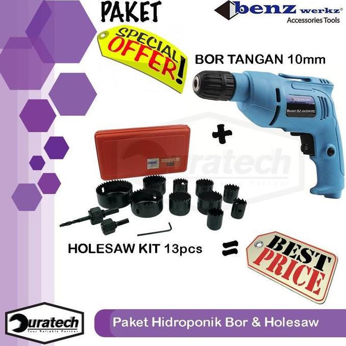 Benz Werkz paket hidroponik mesin bor listrik 10mm keyless benz werkz dan hole saw set kit 13 pcs ko