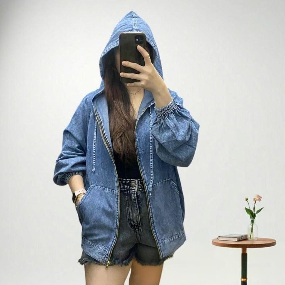 new jaket soft denim wanita bomber hoodie ribelle - jaket jeans hoodie resleting jaket wanita jaket 