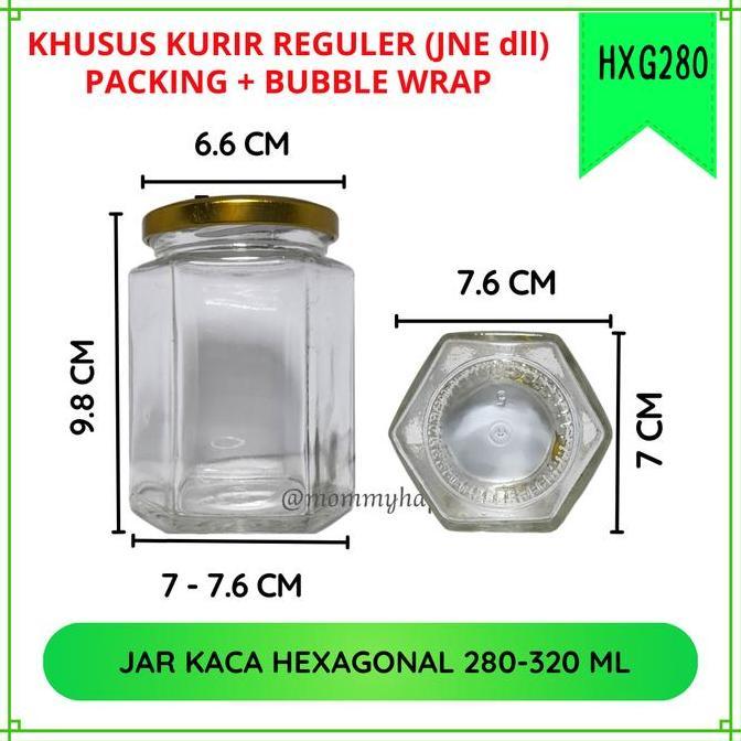 HXG280 | Grosir 1 Dus - Wadah Kaca Jar / Botol / Toples Kaca Hexagonal 280-320 ml Tutup Gold