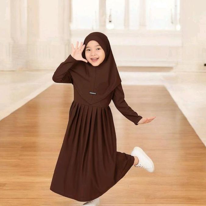 Abaya Anak Jersy Gamis Perempuan Dres Satu Set Hijab Syari Lebaran Muslim Hitam Baju Anak Usia 2-10 