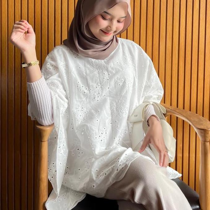 Raia Kaftan Outer Bordir - Kaftan Lebaran - Outer Kaftan-baju bordir wanita Katun Muslim Putih