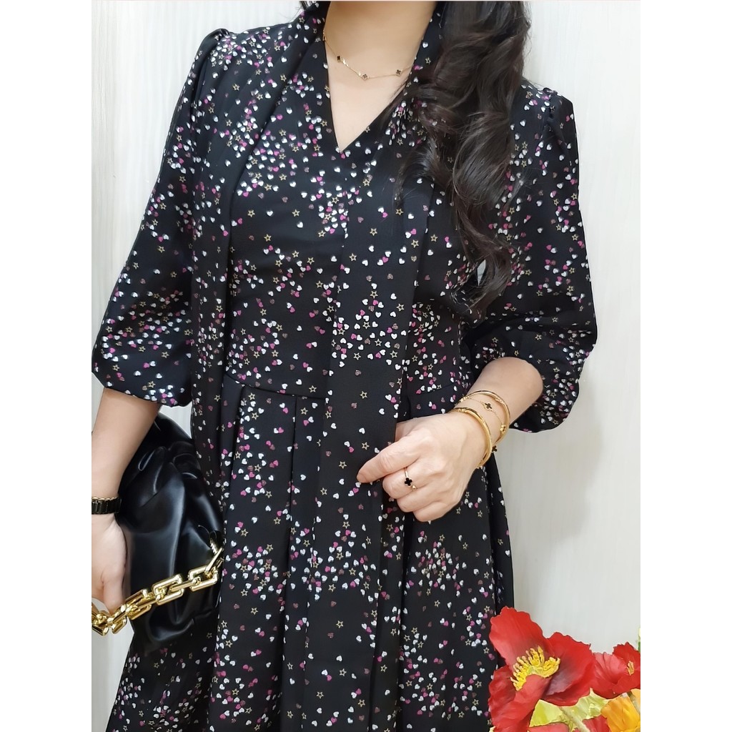 JESS Midi Dress Wanita Dress Korea Casual Dress Motif Bunga Merah Hitam