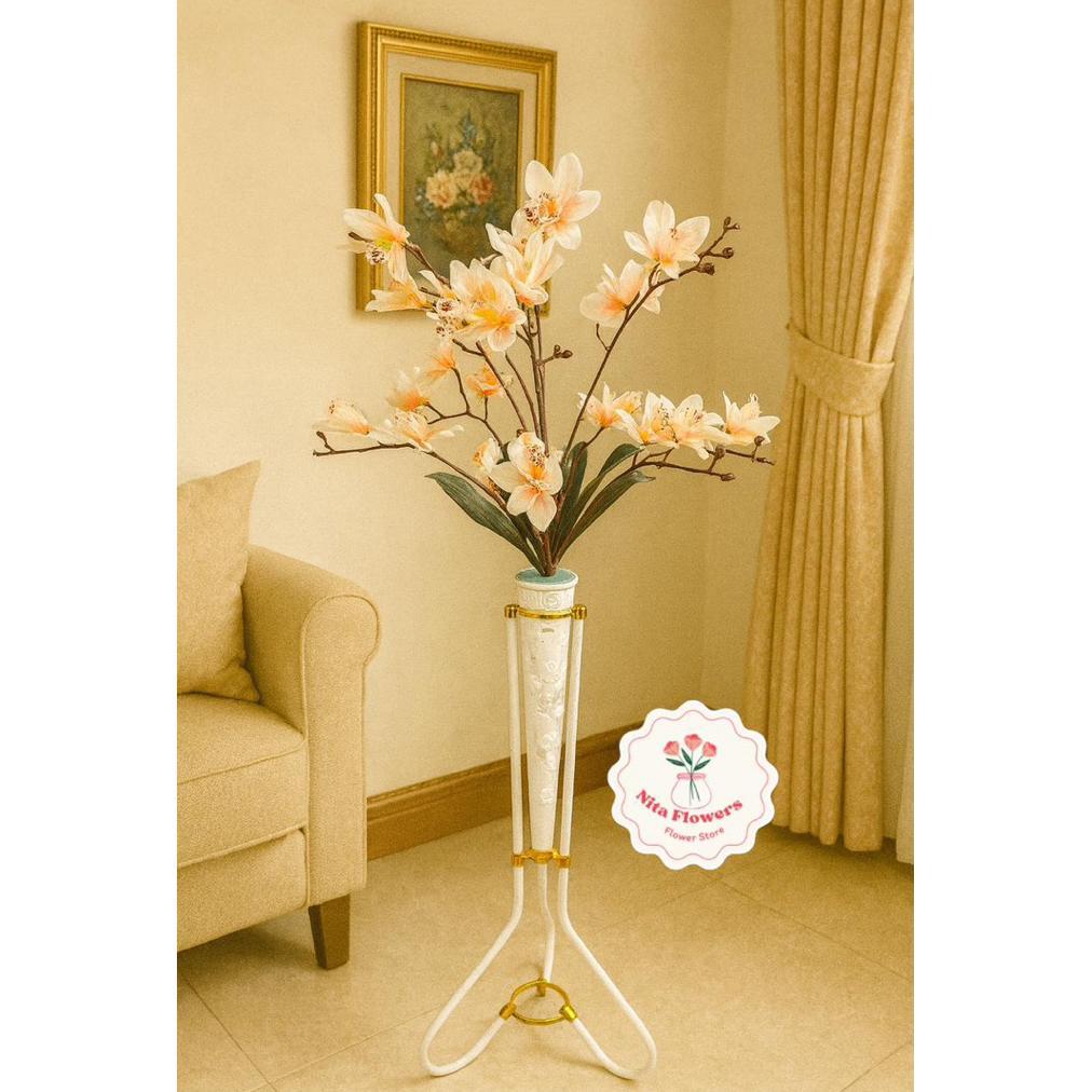 [BEST BUY] Bunga Anggrek Cymbidium Artificial Premium berikut dengan pot dan standing besi bunga hia
