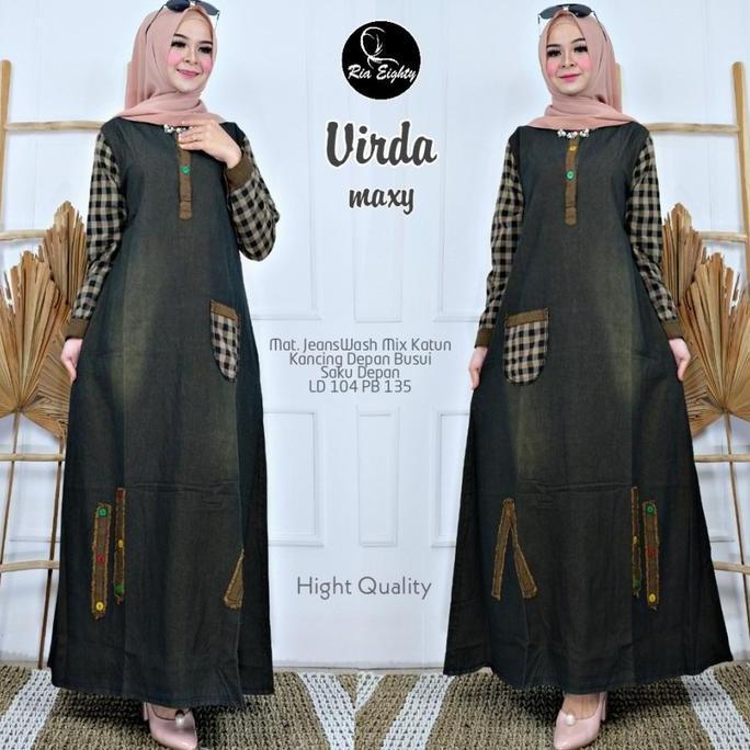 Discount Oriana Maxy Jeans Kombinasi Katun Kotak Gamis Jumbo Kancing Dress Wanita Muslim Panjang