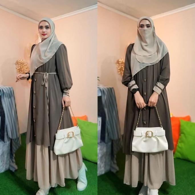 Diskont Parayou ~ Gamis Malay Set Hijab Segi Empat Dan Cadar Muslim Remaja Nyaman Wudhu Frandly Ceru