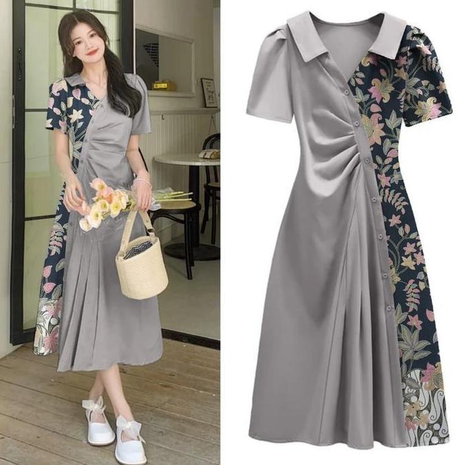 DR129 >> Dress Batik Kombinasi Motif Asli Gaun Kantor Wanita Kancing Aktif Gaun Panjang Motif Manela