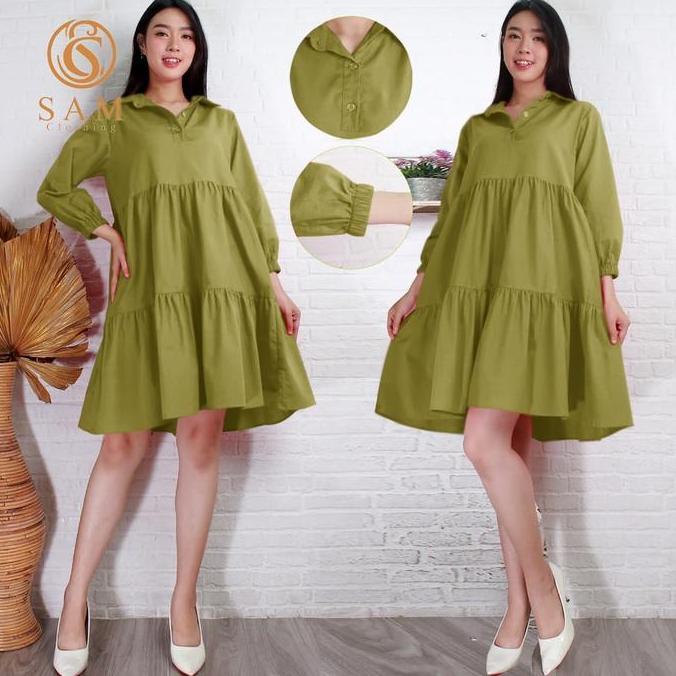 DF206 >> Midi Dress Luna Polos Lengan Panjang Poplin import - Dress Wanita Casual Katun Simple