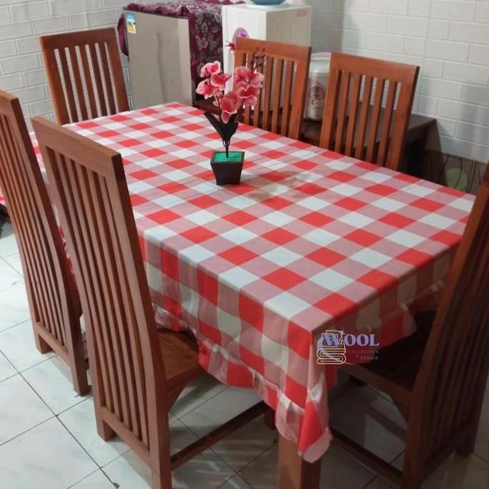Taplak Meja Makan Aesthetic Bahan Kain Katun Motif Kotak Model Rumbai