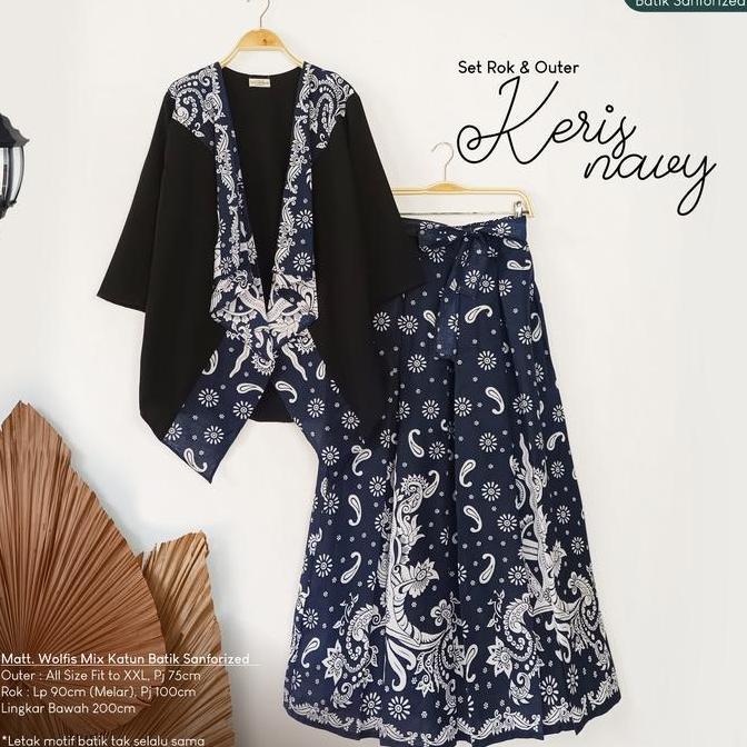 [SET] KERIS NAVY SETELAN BATIK ALUSAN ATASAN WOLFIS WANITA SOLO TERBARU SET BATIK WANITA Fit Katun M