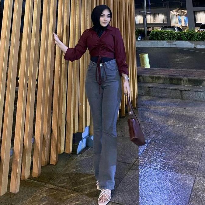 Promo Highwaist Cutbray Jeans Wanita Stretch | Celana  Jeans Cutbray Bahan Melar Trend Grey Premium 