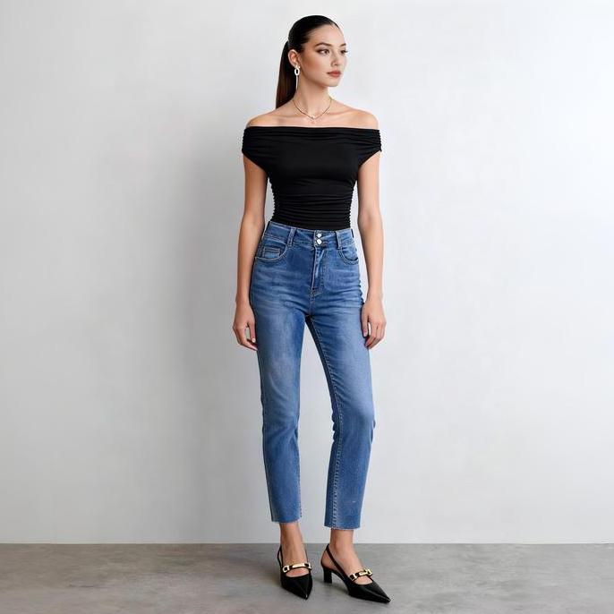 Disc [Mein] Highwaist Jeans Double Button Cropped Pants Slimfit Katun Celana Panjang Wanita  705 Den