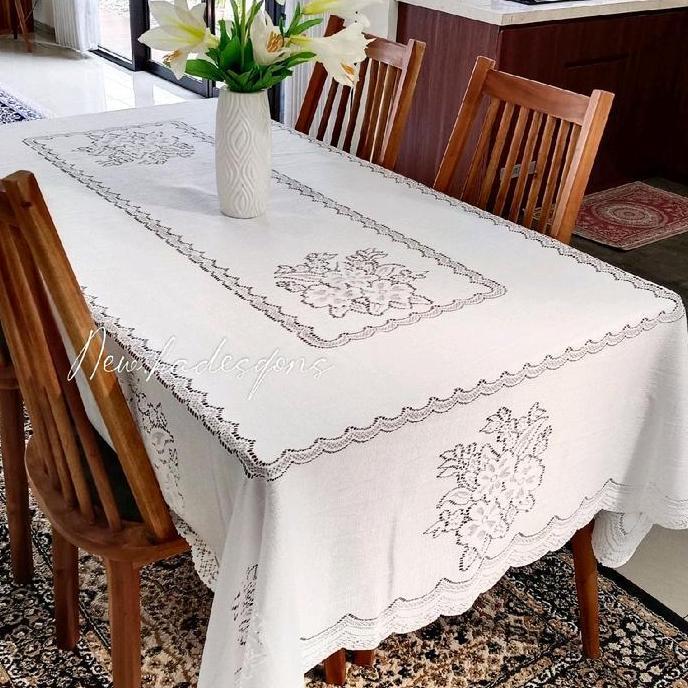 Taplak meja makan putih . perabot rumah aestetik mewah minimalis . taplak tamu panjang tablecloth ta