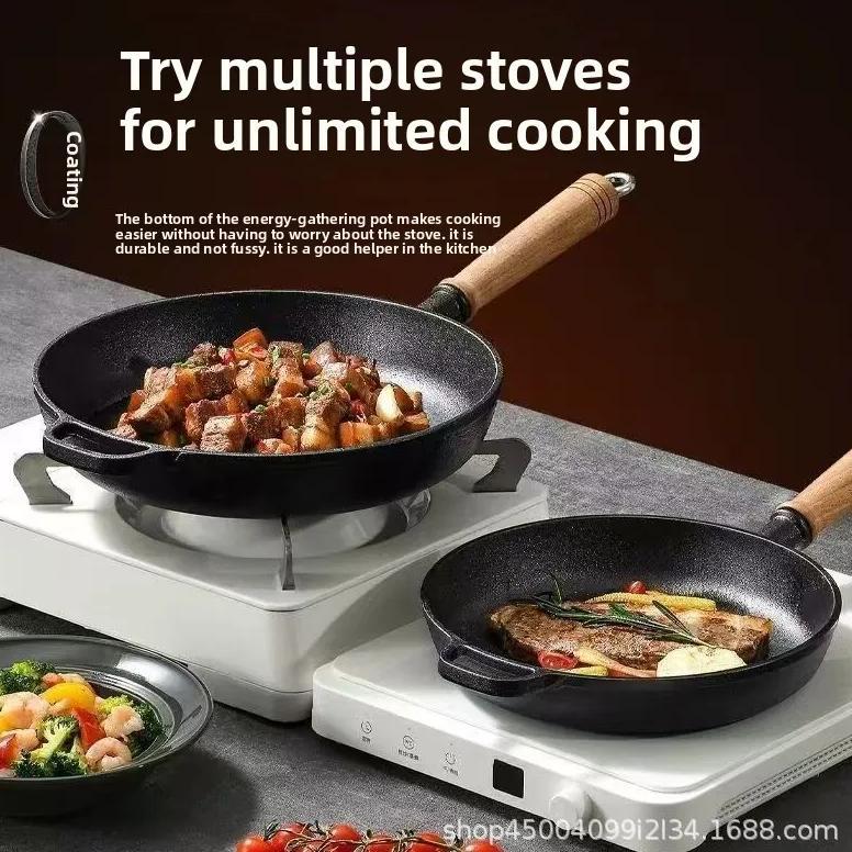 Cast iron flat bottomed pan, non stick pan, uncoated steak frying pan, gas stove, iron pan, old-fash