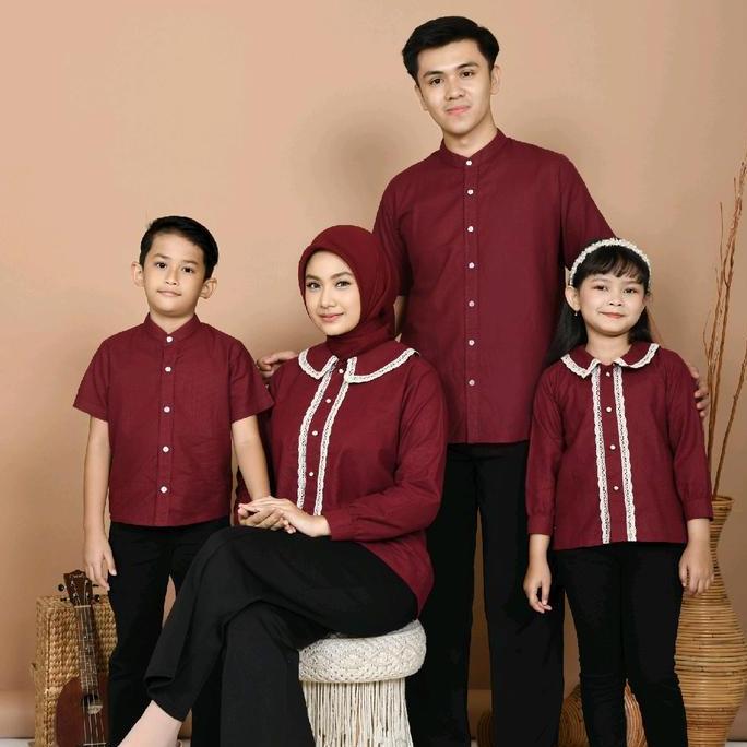 Happyfio Family Set Ruby - Baju Kemeja Couple Keluarga - Sarimbit Series warna Light Burgundy / Maro