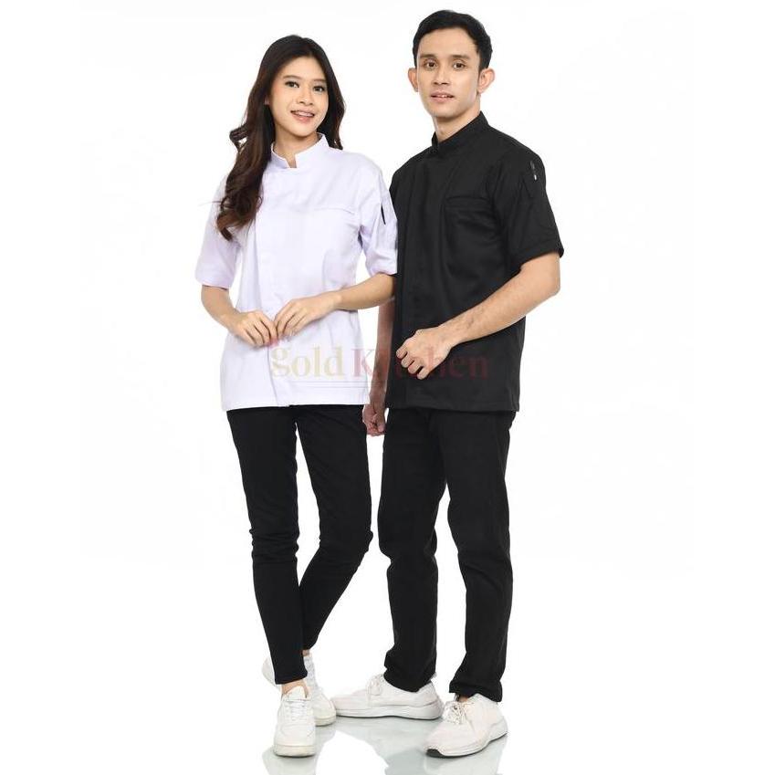 Baju Chef Baju Koki Chef Jacket Pria Wanita Lengan Pendek Model Korean Series B Warna Hitam Putih Sa