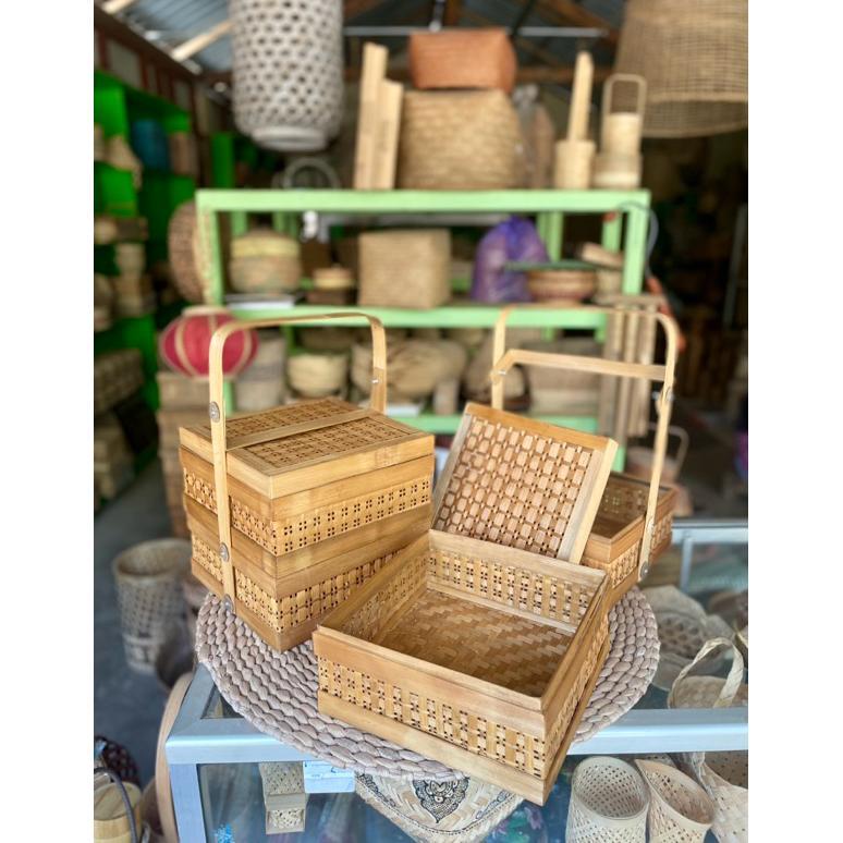 pengiriman cepat Rantang Bambu Kotak 25x25 cm susun 2 asap | Rantang Bambu Anyaman | Rantang Bambu K