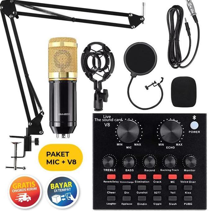 REBEKA.TOKO - PAKET FULL SET MIC BM 800 + STAND + SOUNDCARD V8 MIKO KIMISO AUDIO MIXER -  MIKROFON M