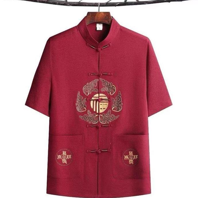 Terbaru Baju Cheongsam Pria Baju Tradisional Kemeja Formal Baju Imlek Pria Bordir Koin HM