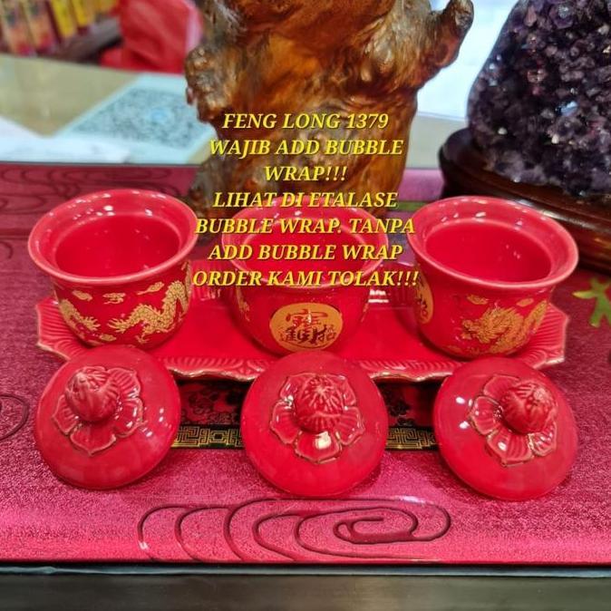 BEBAS ONGKIR - Cangkir Puja Sembahyang Keramik Aneka Corak Seri Kuncup Set 3 + Tutup + Tatakan