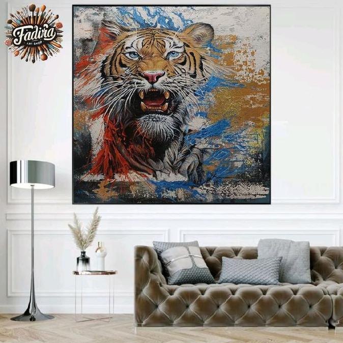 Terlaris Lukisan Dinding Ruang Tamu Harimau Semi Abstrak Modern Art Painting Frame