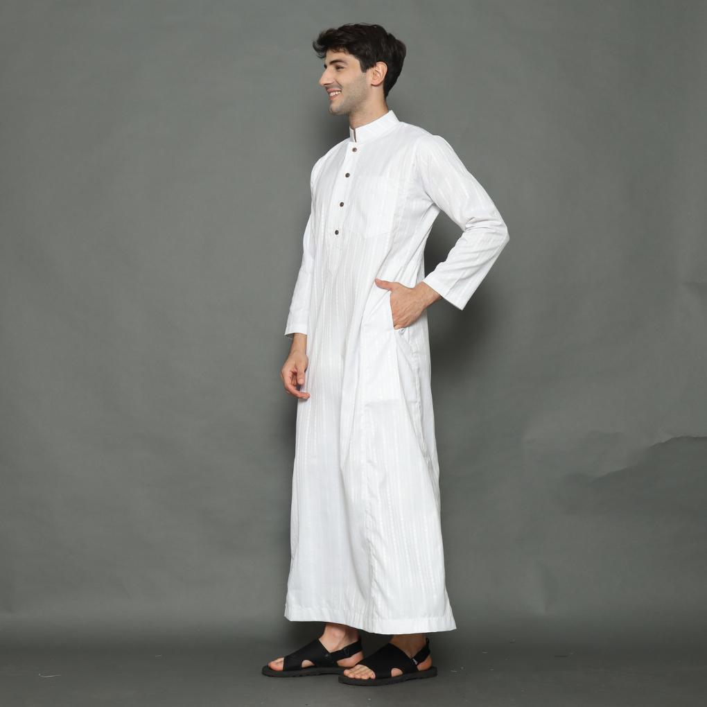 Gamis Pria Arab Jubah Pria Putih Thobe Motif Salur Lengan Panjang