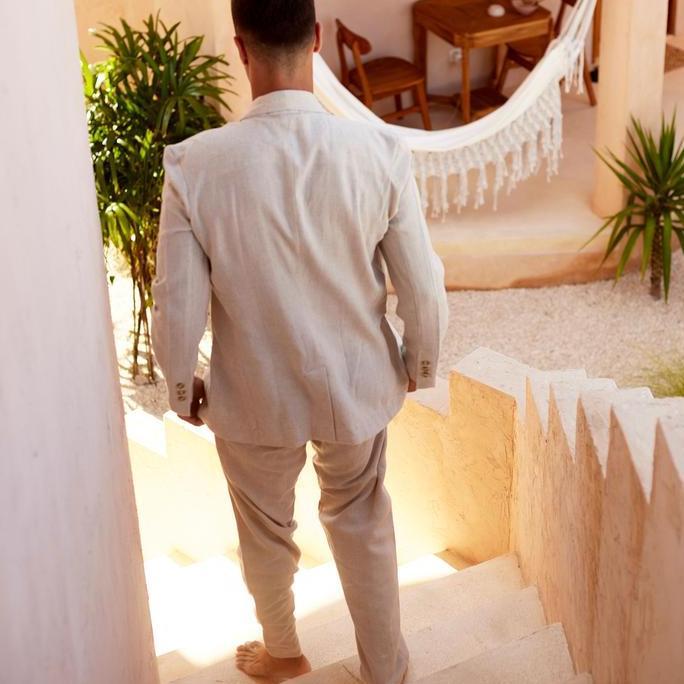 REMEDY Outer Linen Set Pria Panjang Warna Krem - Sand Linen Blazer Original