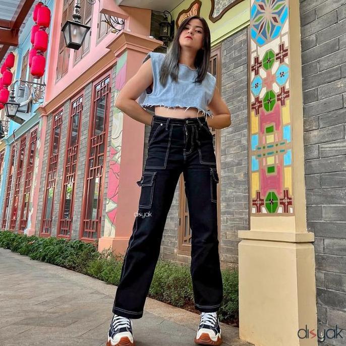 DR236 - Highwaist Jeans Cargo Pants Boyfriend Celana Panjang Wanita List Black 710-810