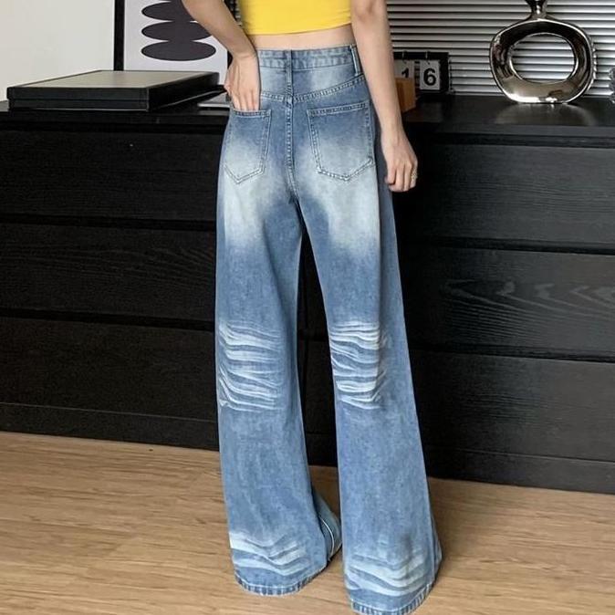 DN27 >> [210] Celana Panjang Kulot Baggy Highwaist Biru | Jeans Wanita Pola Garis/Goresan