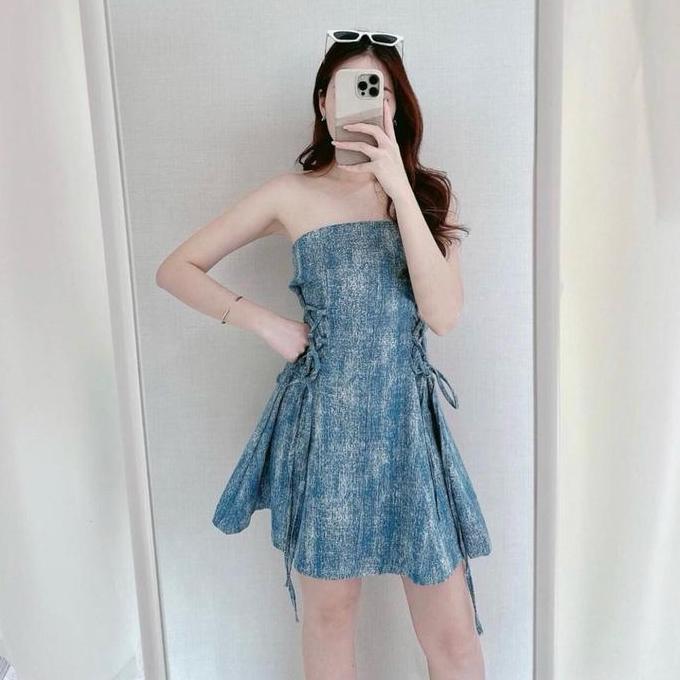 DV246 - D1588 SASKIA KOREAN STYLE VINTAGE MINI DRESS SEMI JEANS TALI SIMPLE POLOS SABRINA RETRO Pend