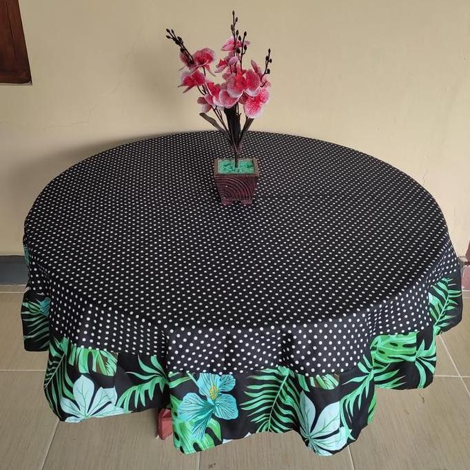 Taplak Meja Bulat Kain Katun Model Rumbai Motif Bunga Batik Elegant Modern Diameter 150 cm
