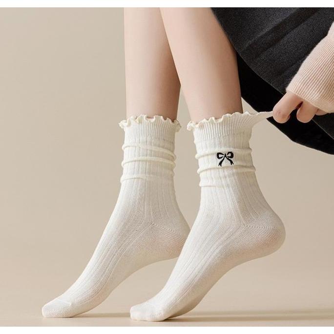 24319 Kaos kaki panjang wanita renda ruffle model simple motif pita cute Kaus kaki tinggi sebetis Wo