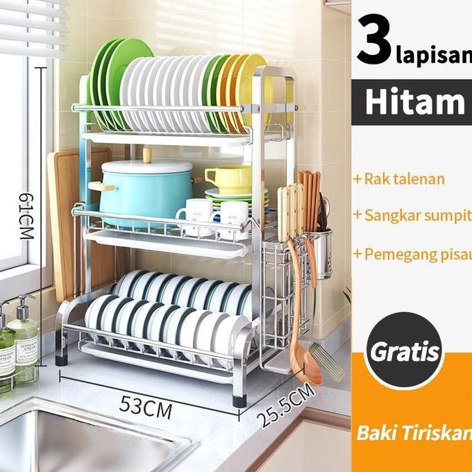 SMO Rak pengering piring Rak dapur 3 susun Penyimpanan Mangkuk Minimalis