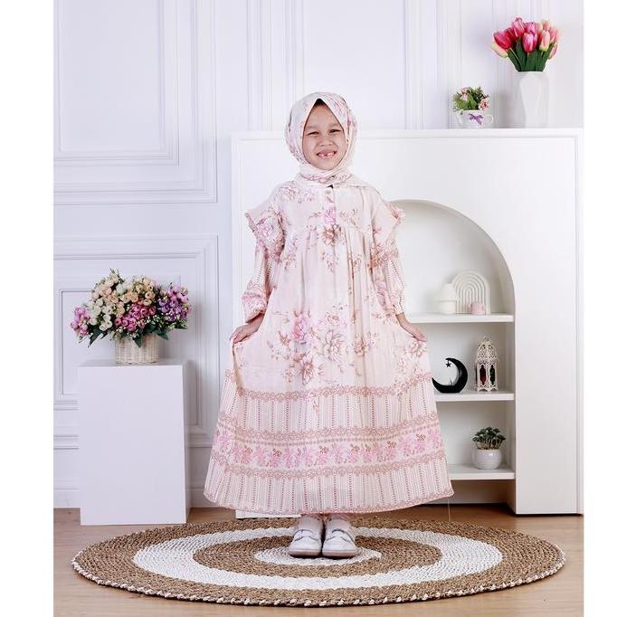 Gamis Anak Vanesha Ceruty Motif Bunga Plisket Free Jilbab Segi Empat 5 - 11 Tahun Allshop