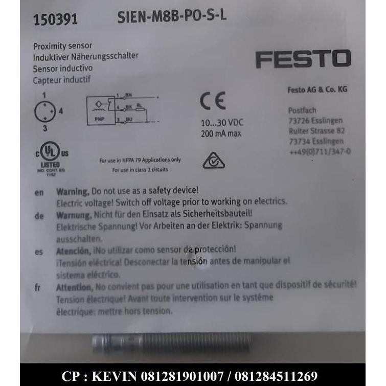 Festo Sien-M8B-Po-S-L Proximity Sensor, Connector M8, 3Pin, Pnp-Nc Terbatas