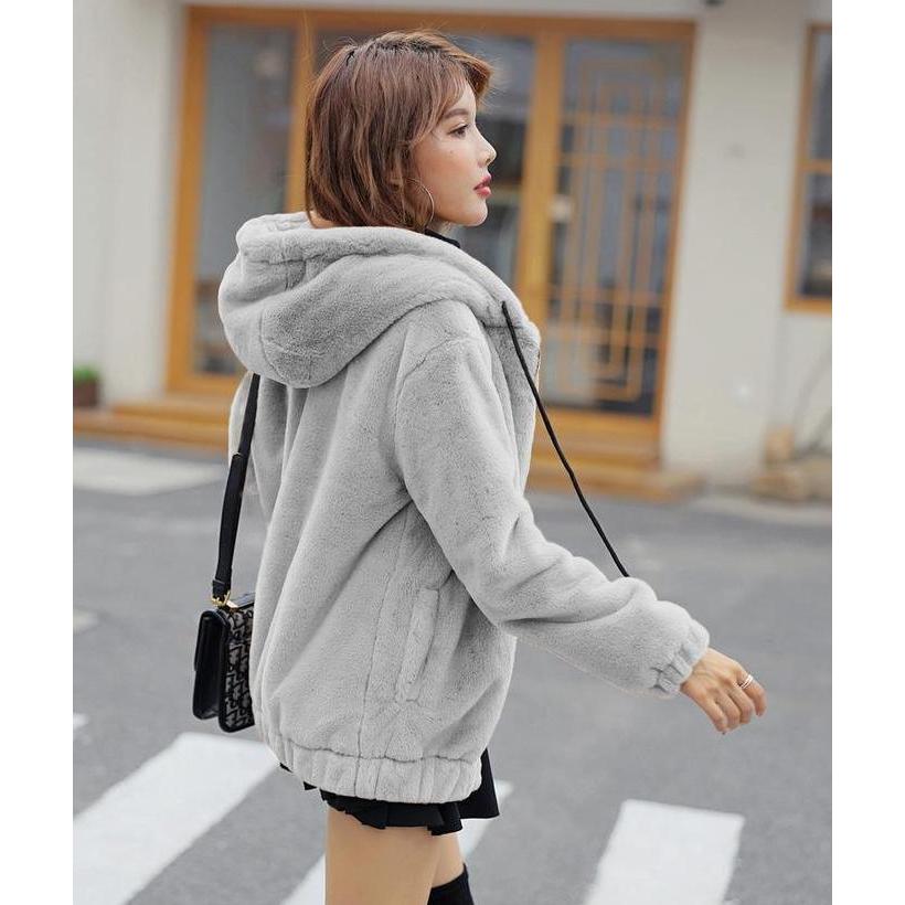 DE60 >> Hoodie Bulu Wanita Bulu Kucing  Musim DIngin Jaket Sherpa Bulu Wanita Terbaru Baju Cewek Ove