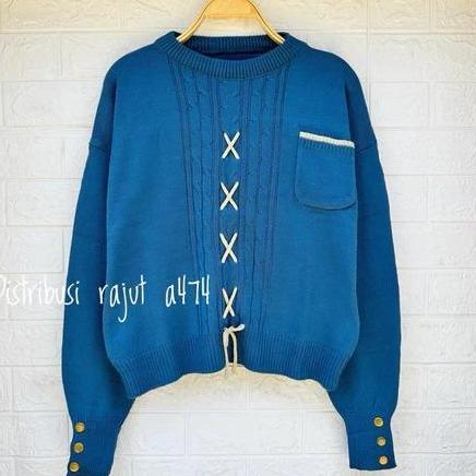 DI135 >> JAMEELA BAJU ATASAN SWEATER RAJUT MOTIF TALI DEPAN SAKU WANITA LENGAN KANCING KOREAN STAYLE