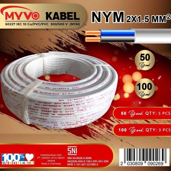 Myvo Kabel Nym 2 X 1.5 Mm Tembaga Serabut Standar Sni Panjang 50 Yard Kualitas Tunggal Isi 2