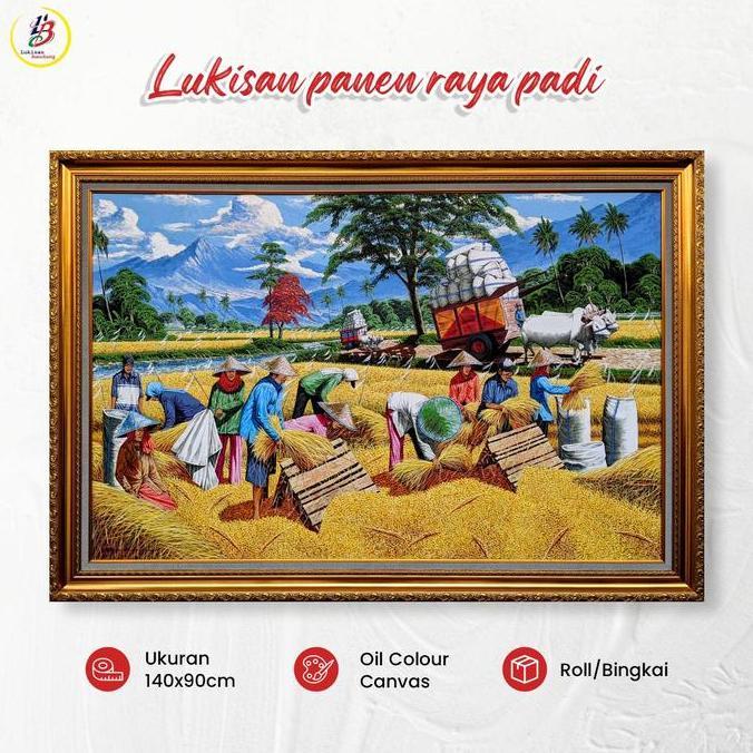 lukisan panen padi timbul | lukisan pemandangan | lukisan panen raya