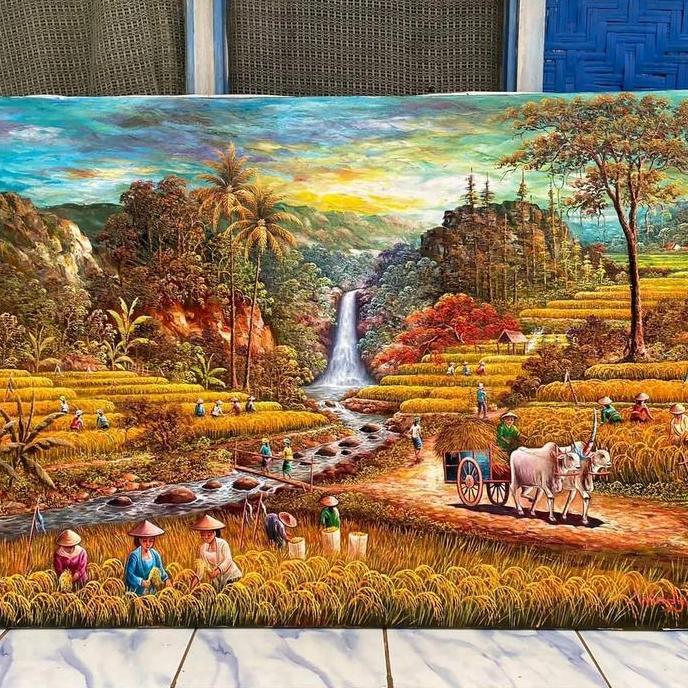 Lukisan Panen Padi | Air Terjun | Gunung | Pemandangan 200x100