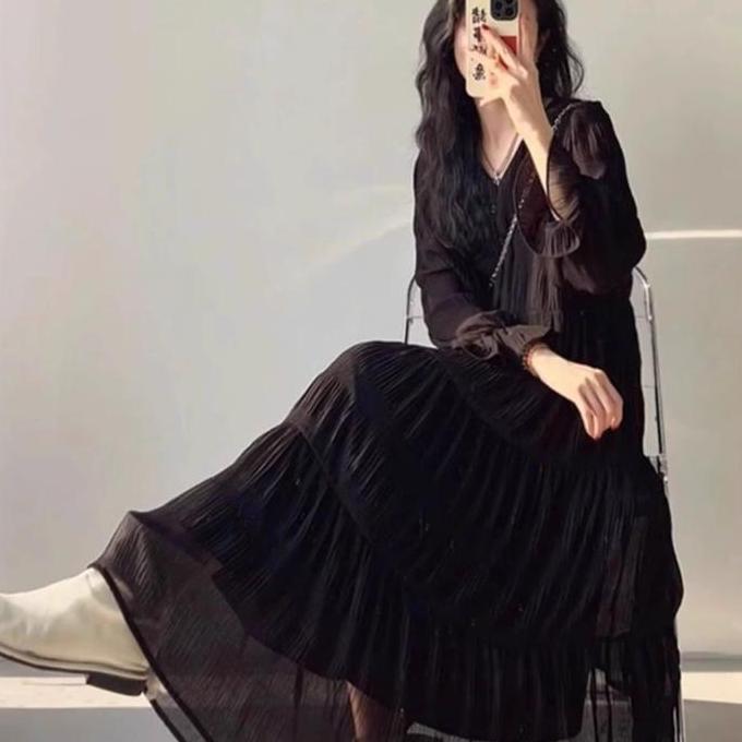 Ftx- Gaun Wanita Cream Sifon Lengan Panjang Warna Putih Casual Long Dress Home Dress Busui M505