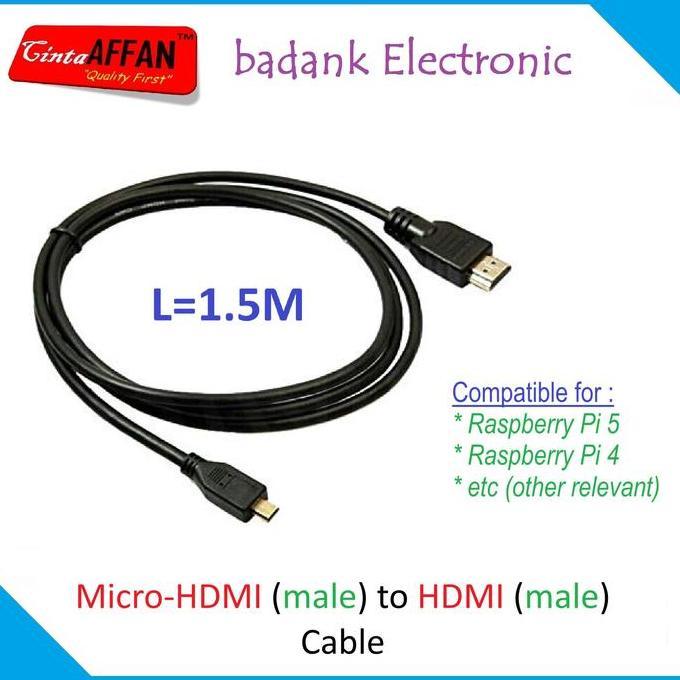 DF37 >> Kabel Micro-HDMI Panjang 1.5 Meter untuk Raspberry Pi 5/Pi 4/Orange Pi/Arduino/Mini PC