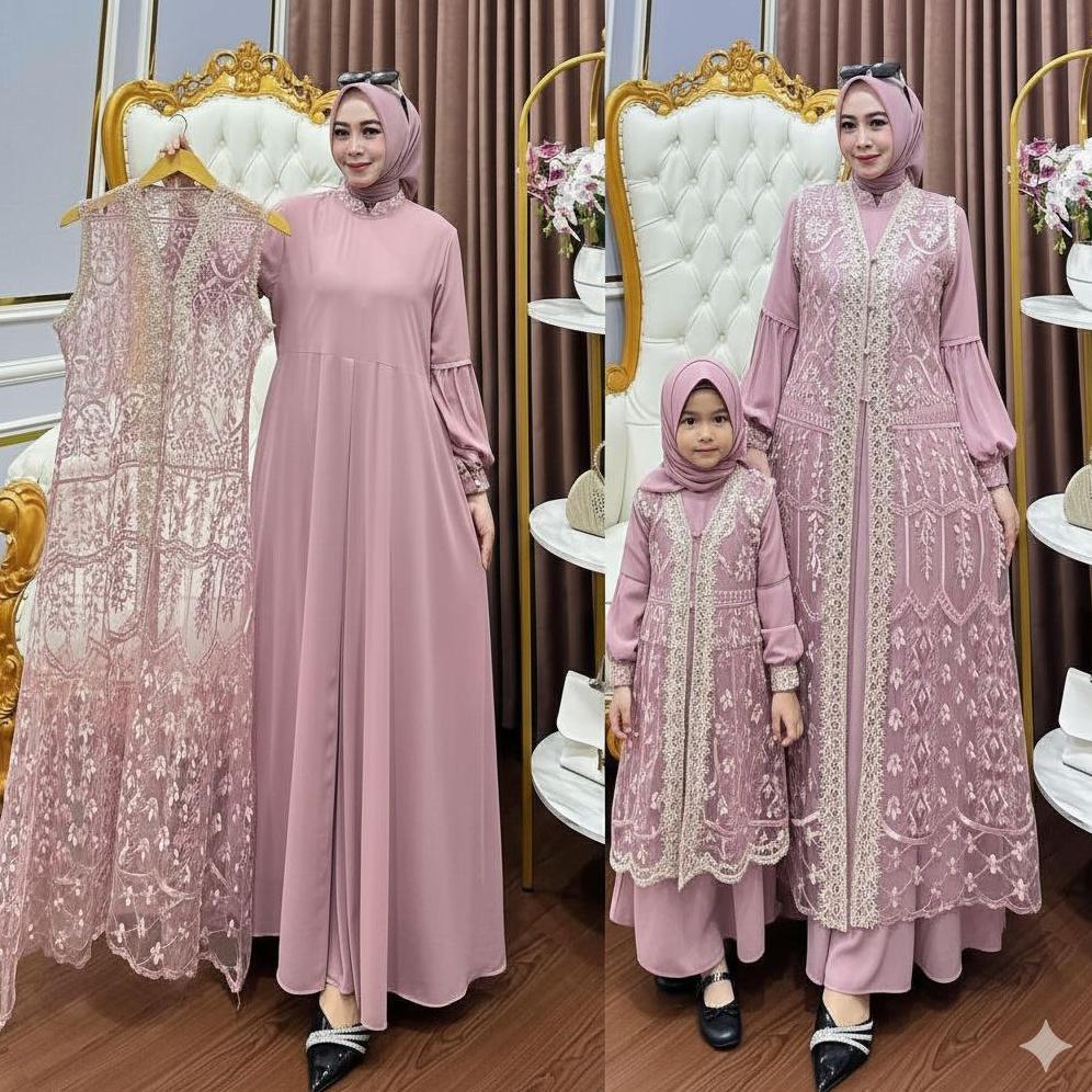 Tahan Lama Naura Dress Couple Ibu Anak Lebaran 2026 Gamis Sarimbit Terbaru Mewah Elegan Baju Lebaran