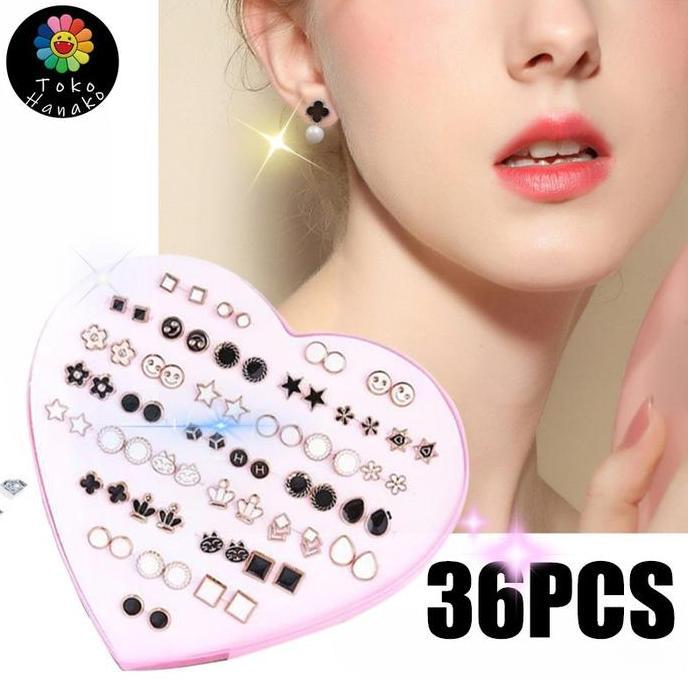 VINTOP Anting Isi 36 Pasang 1 Kotak Tusuk Bentuk Hati Bergaya Warna Wanita