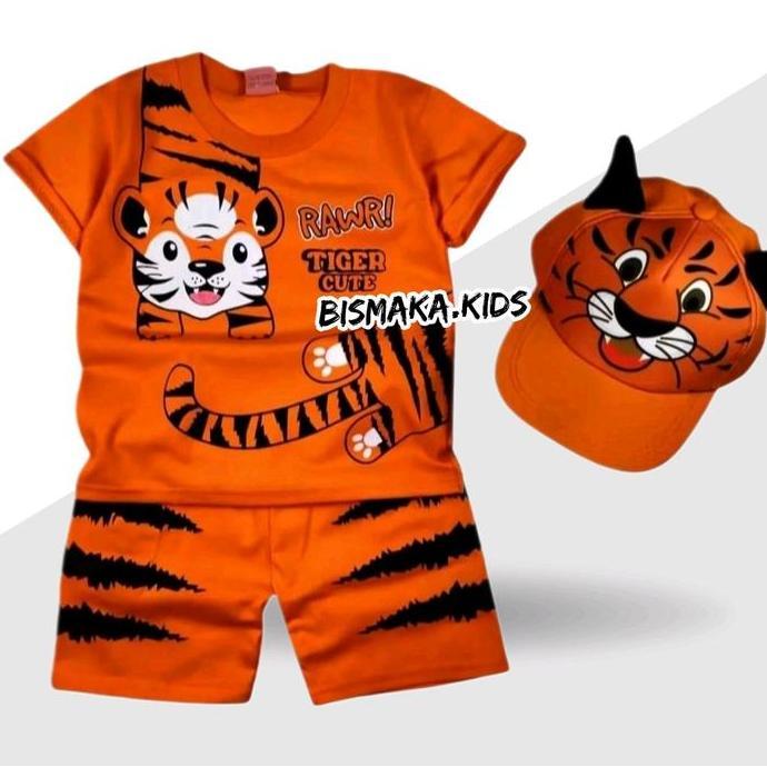 MD76 }} Setelan anak laki-laki usia 1-10 tahun motif TIGER harimau free topi/One set anak laki-laki 